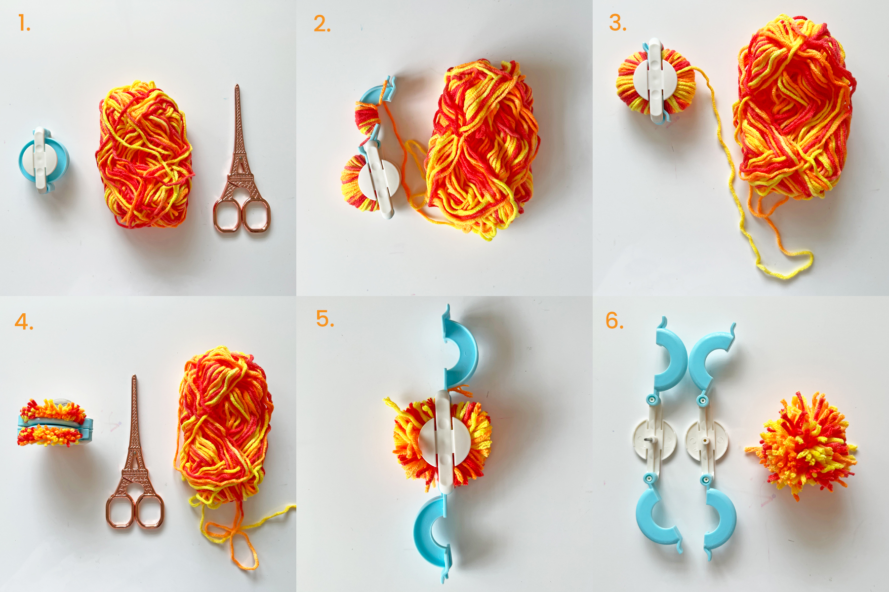 image of many steps and stages to make hadmade pom poms with yarn and a pom pom maker