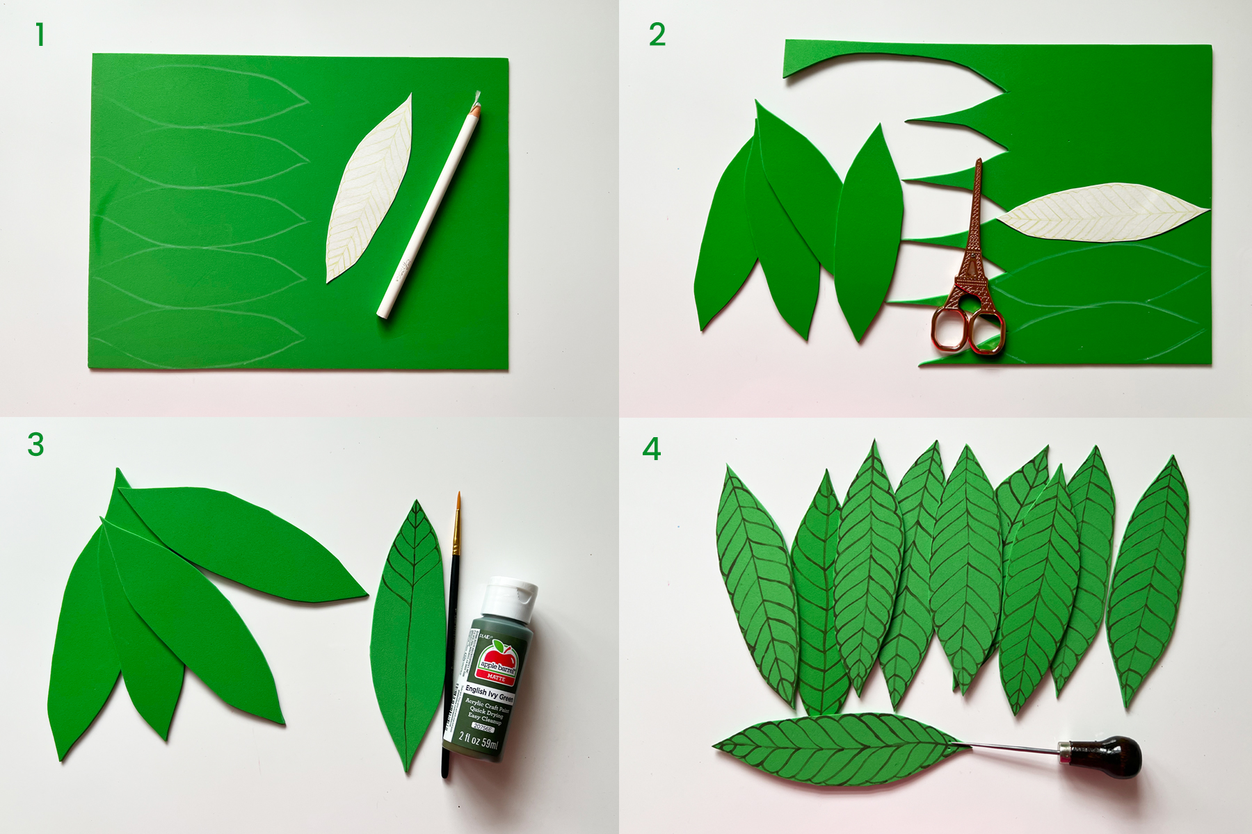 image of multiple steps cut and paint leaves our of green craft foam