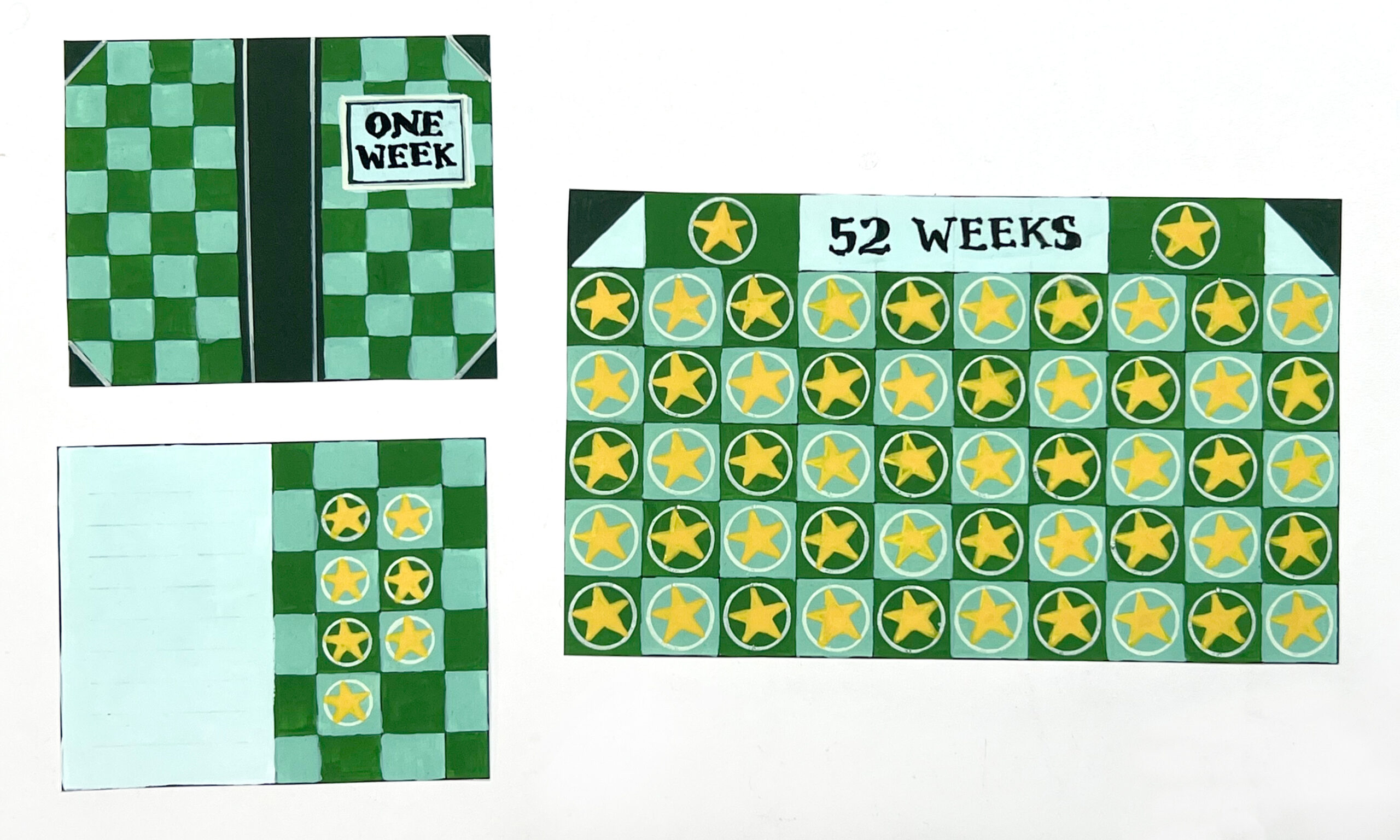 images of 3 colorful pieces of paper with green checkerboard pattern and yellow stars to make your own scratch off cards