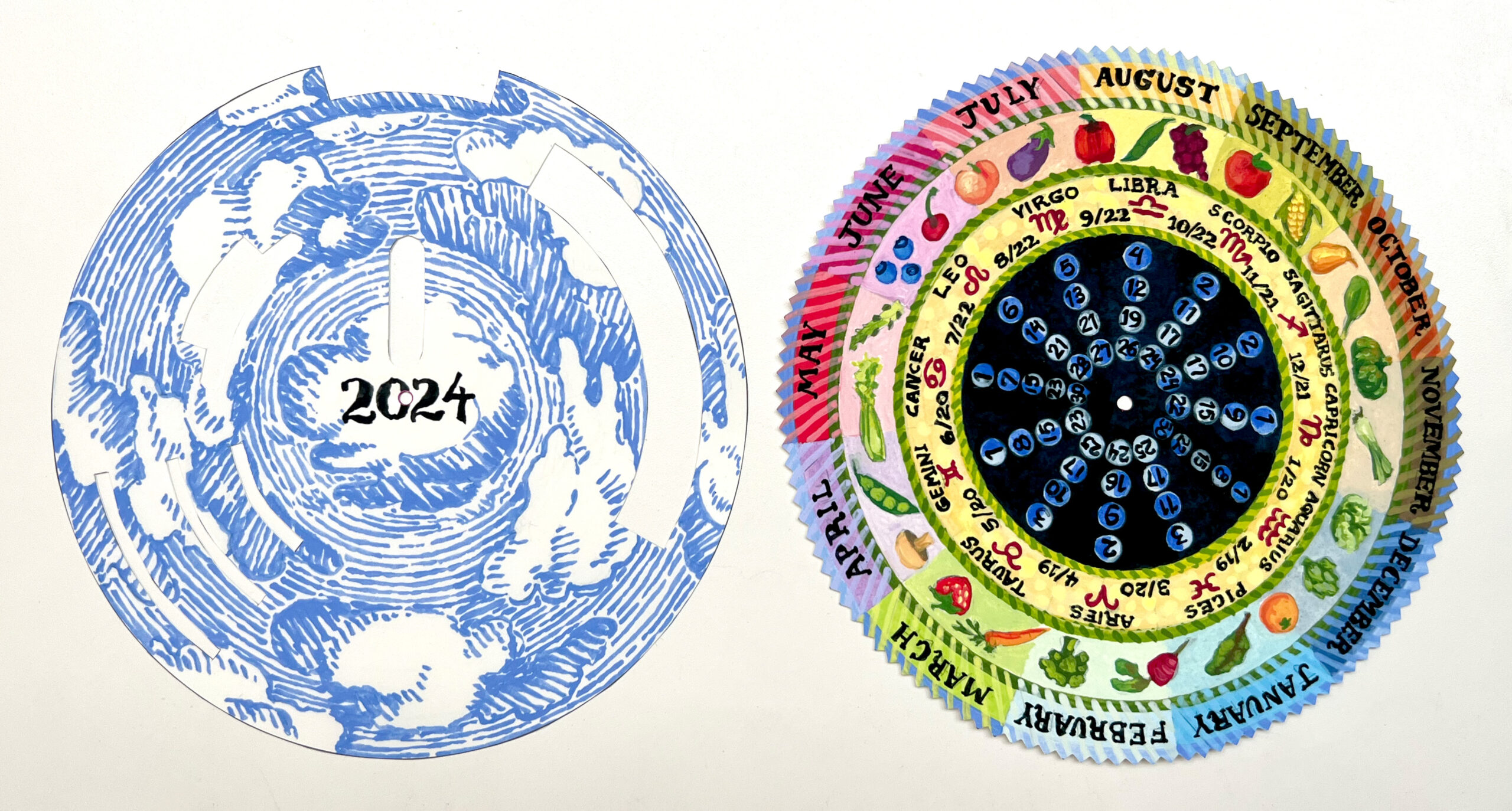 image of two colorfully painted circles to assemble a calendar wheel