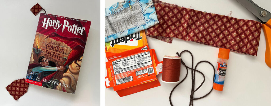 2 images - on the left, a harry potter book with a tea bag shaped bookmark in it - on the right, materials needed to make a bookmark with fabric and food packaging