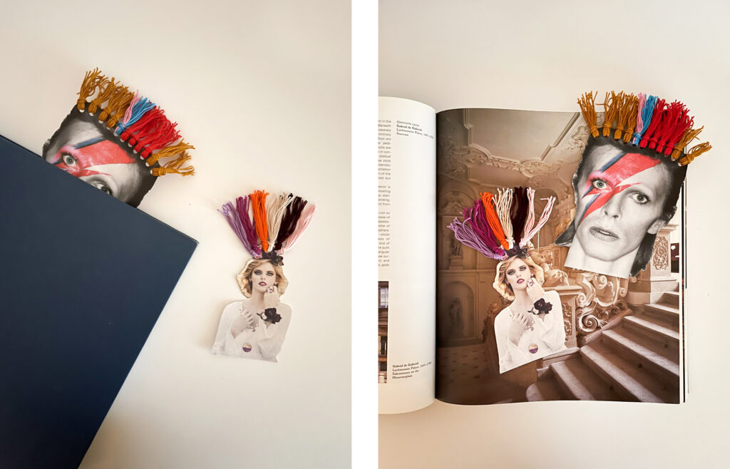 2 images - on the right, colorful bookmarks with embroidery floss tassels peeking out of a closed book - on the right, the book is open, revealing 2 bookmarks, one of David Bowie's face and the other a woman in a white dress