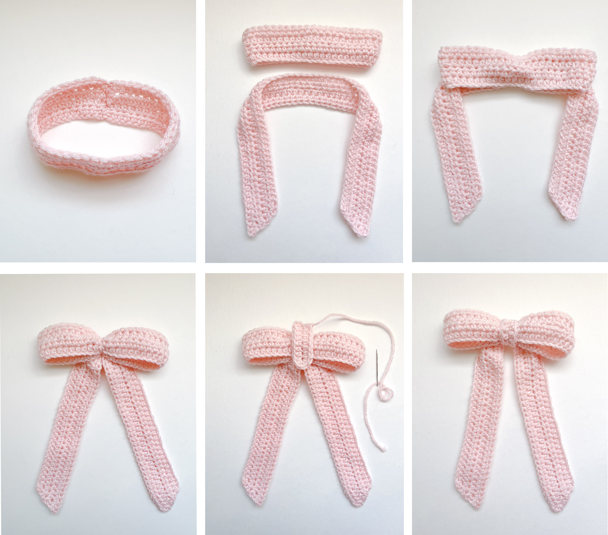 image of 6 step to assemble 3 pink crocheted strips into a bow