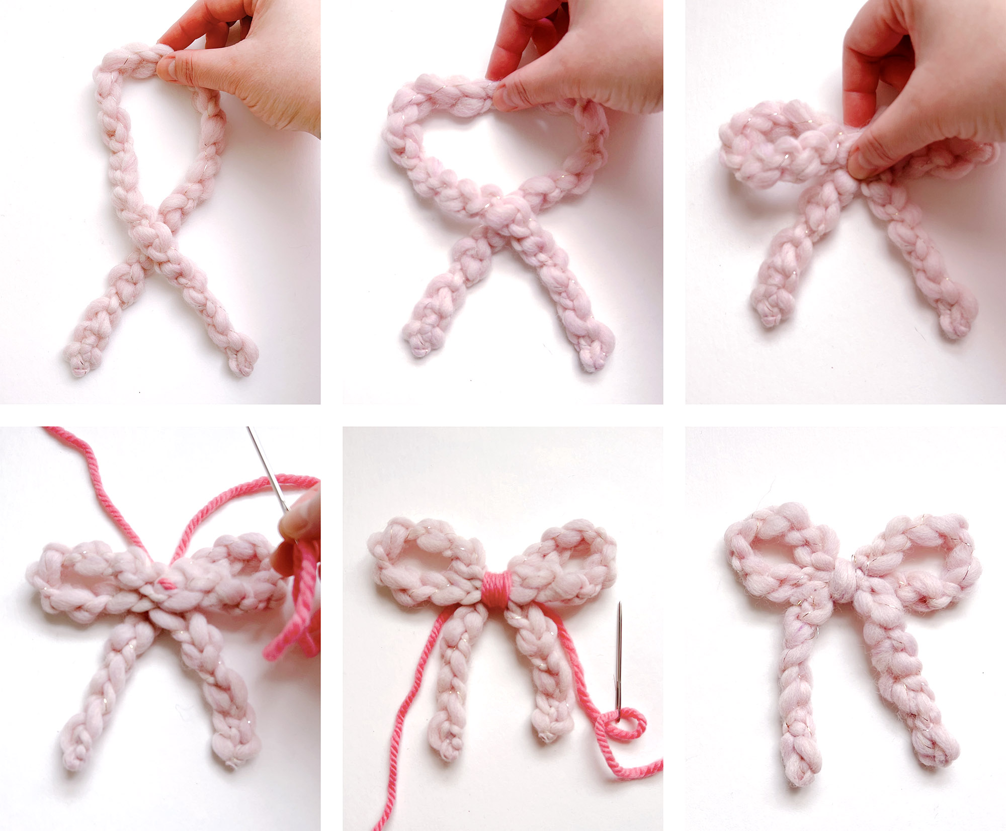 image of 6 photos showing how to form a bow with chunky pink yarn made of crocheted chains