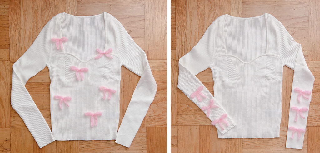 2 images of a white sweater decorated with pink crocheted bows in different ways