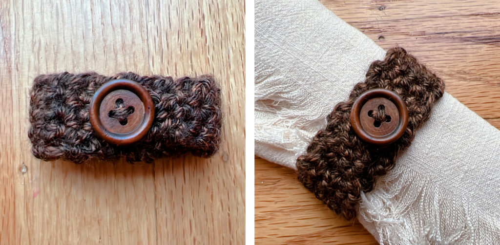 2 images of a brown crocheted napkin ring with a wood button, photo on the left without a napkin, and photo on the right with a napkin